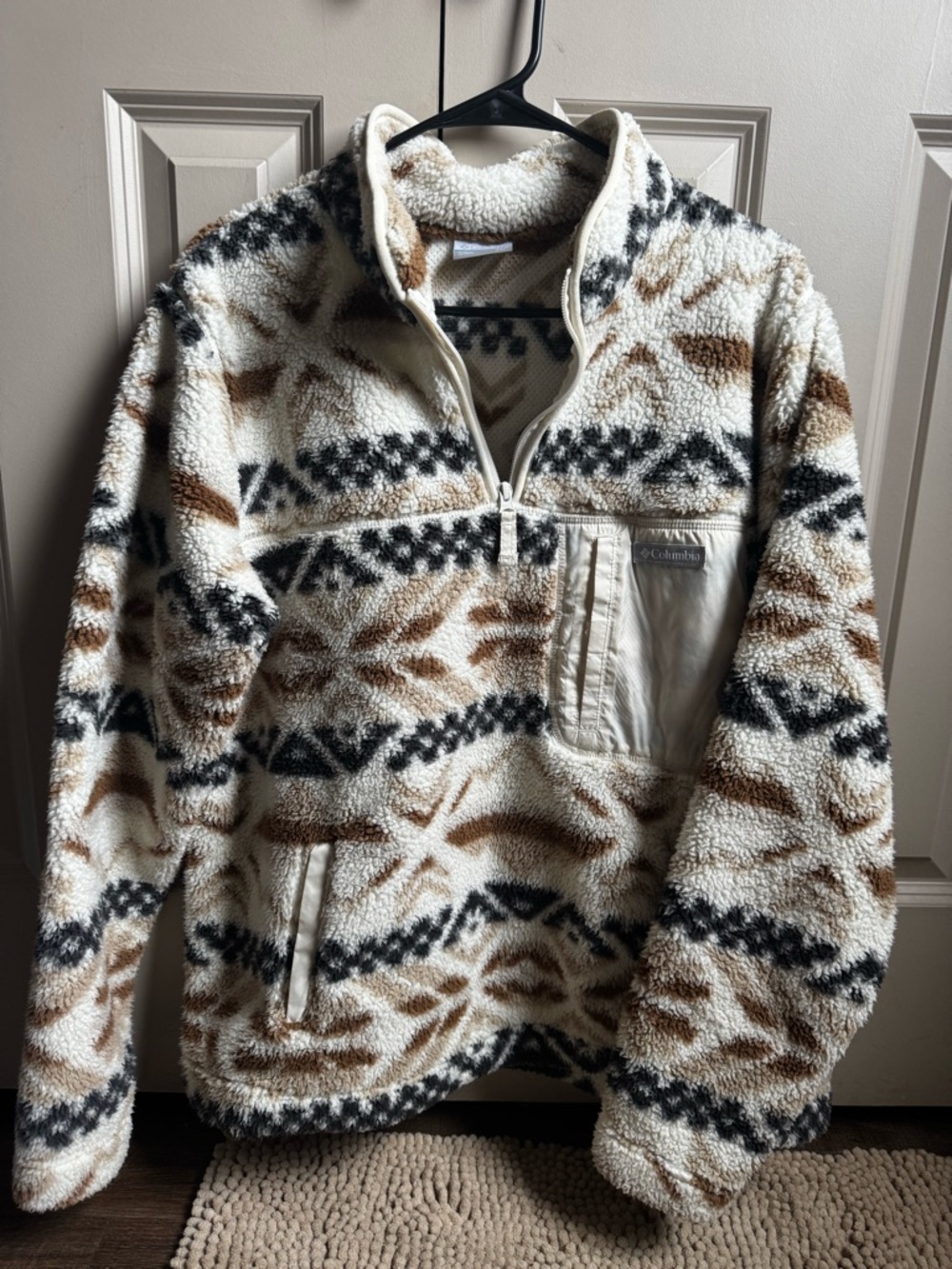 Columbia Cream Sherpa Quarter-Zip Pullover with Brown & Black Pattern